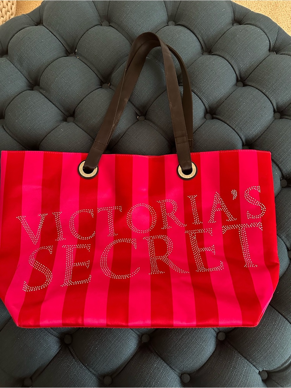 Victoria's Secret Pink and Red Striped Tote with Studded Logo